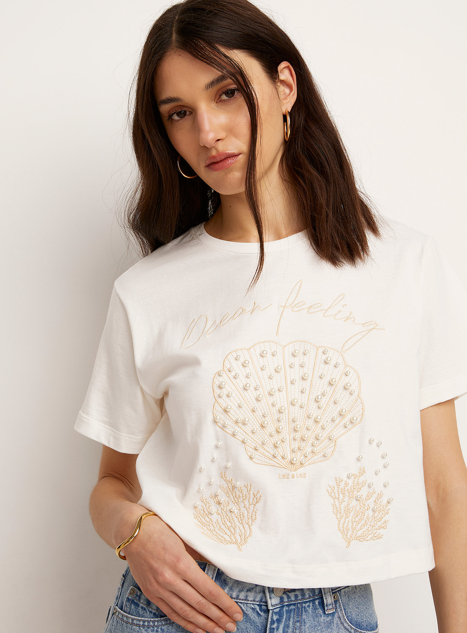 Icône - Women's Marine embroidery and pearls T-shirt