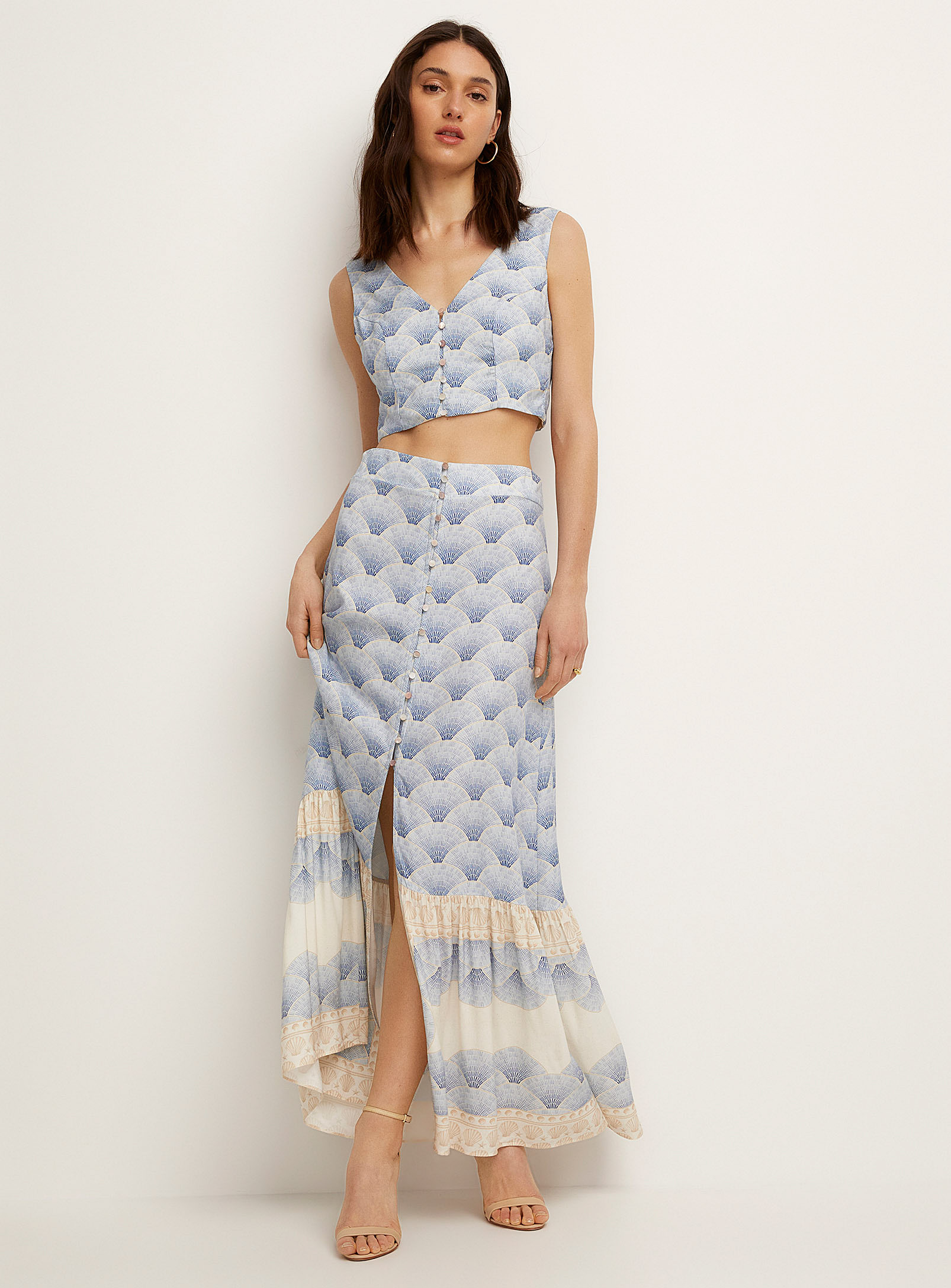 Icone Blue Seashells Long Tiered Skirt In Patterned Blue