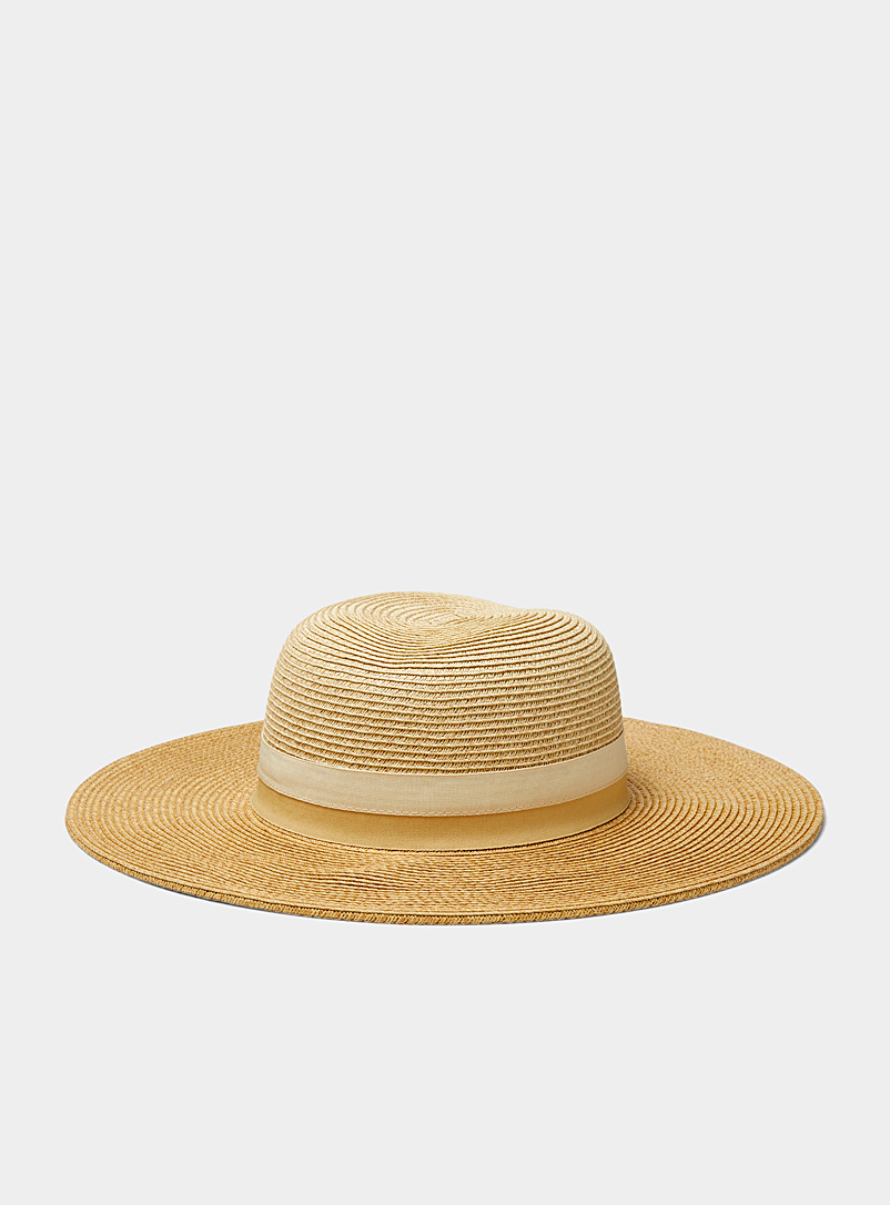 Nine West Ivory/Cream Beige Two-tone ribbon straw wide-brimmed hat for women