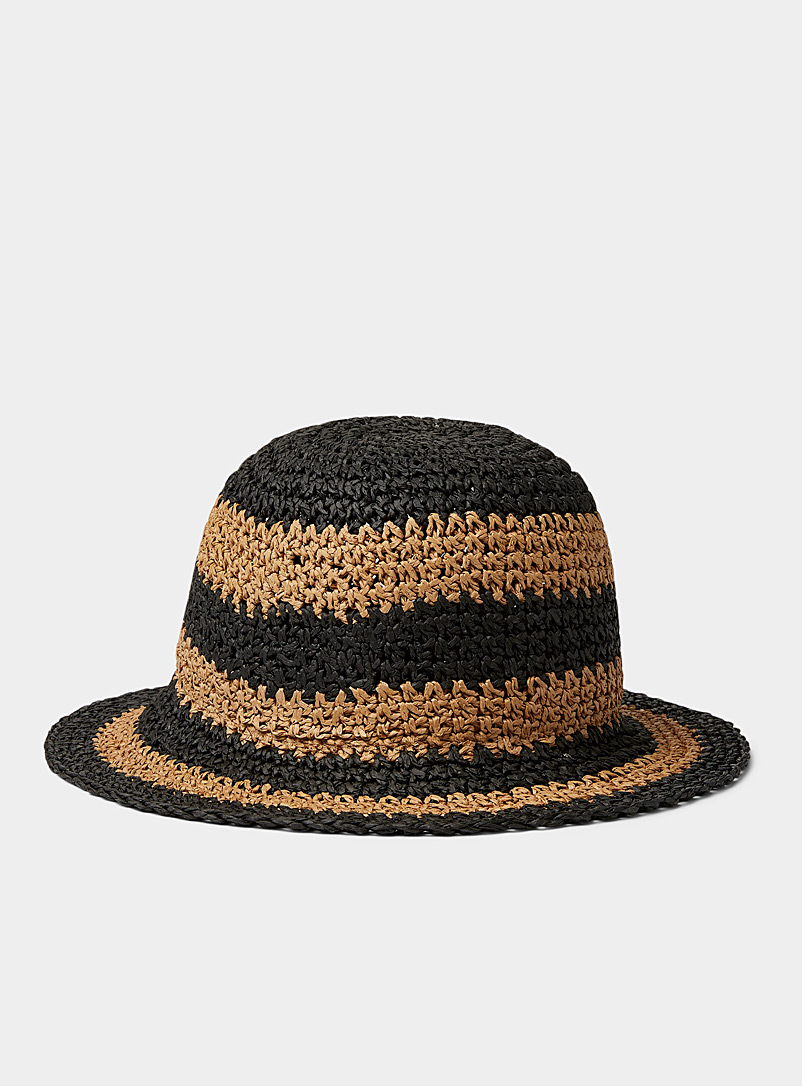 Nine West Patterned Black Black stripe crochet straw cloche for women