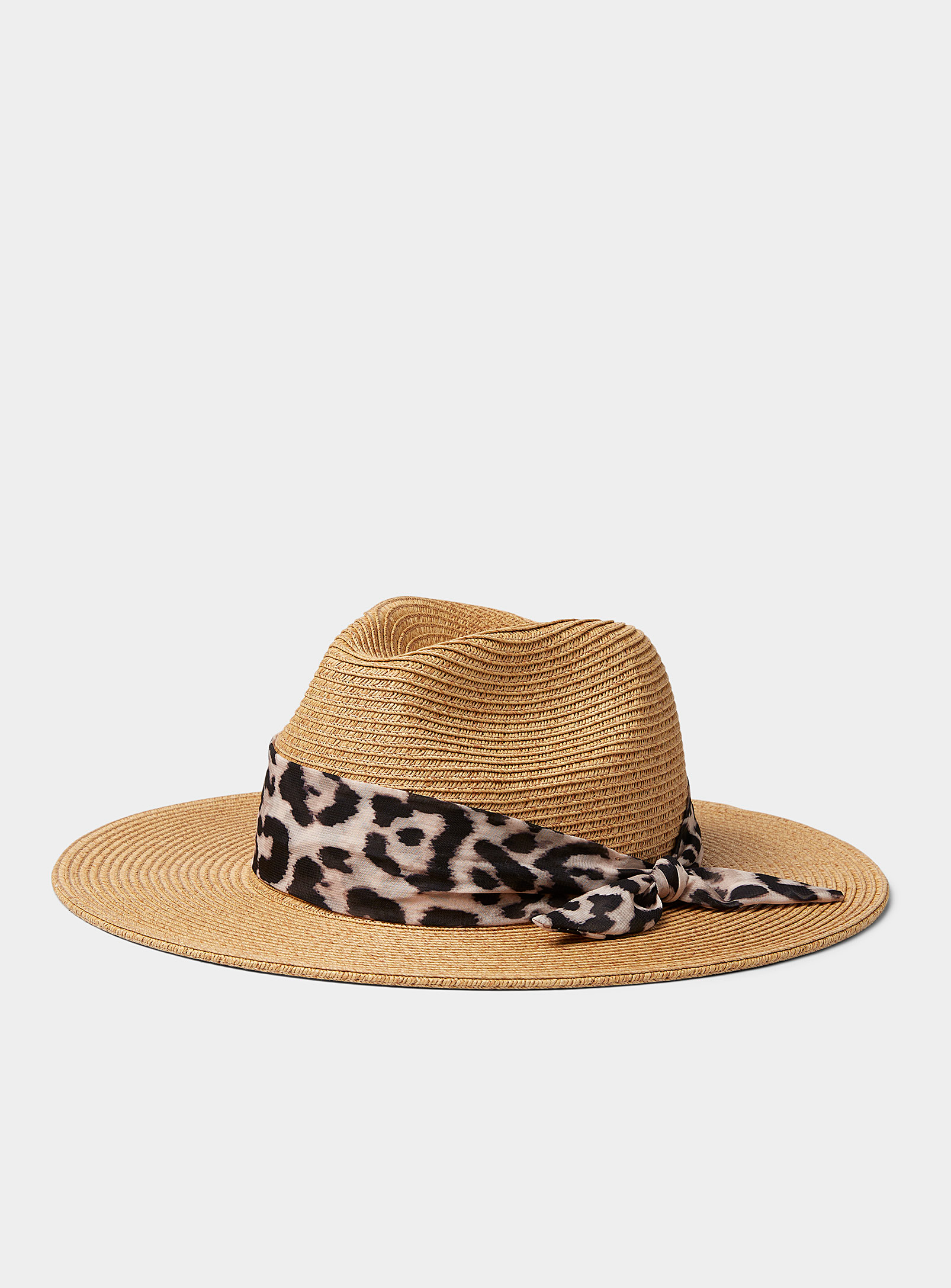 Nine West - Women's Leopard ribbon straw Fedora Hat