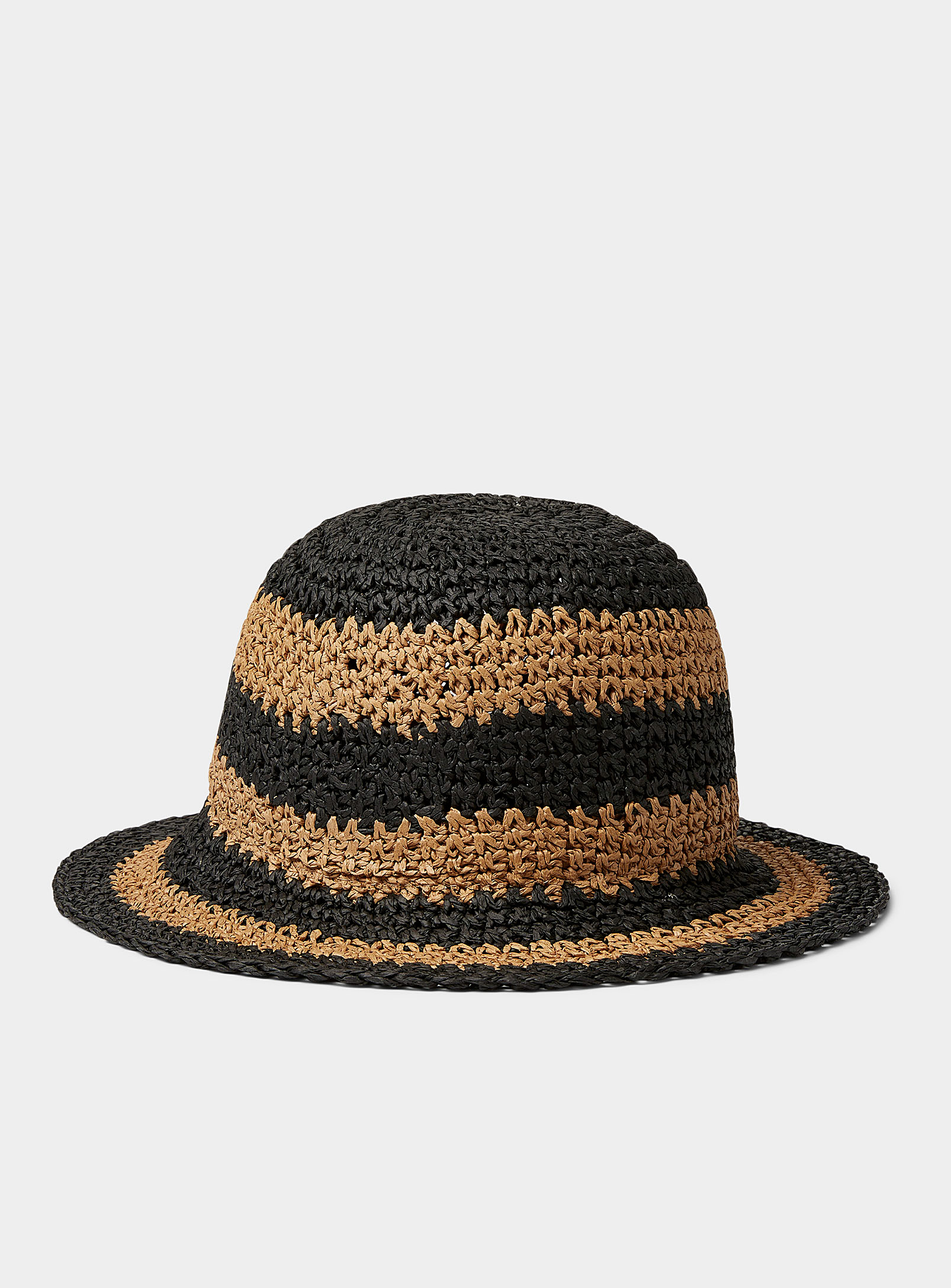 Nine West - Women's Black stripe crochet straw Cloche Hat