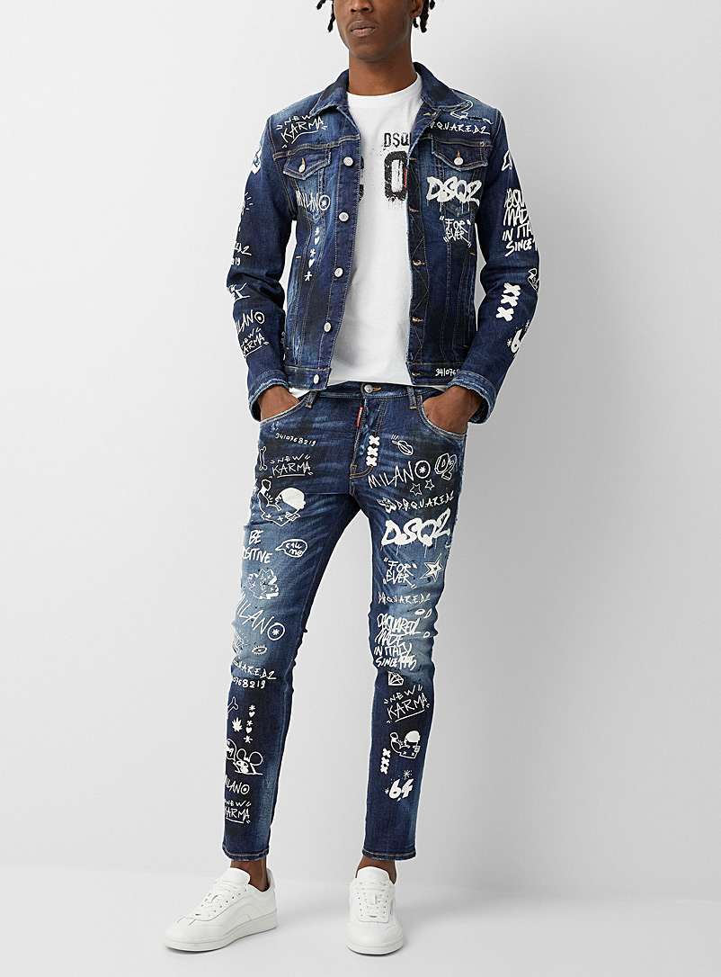 Dsquared2: La veste de jean imprimé graffiti Bleu pour homme