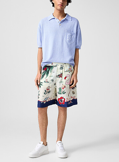 Dsquared2: Le bermuda pure soie imprim&eacute; Aloha Blanc &agrave; motif pour homme