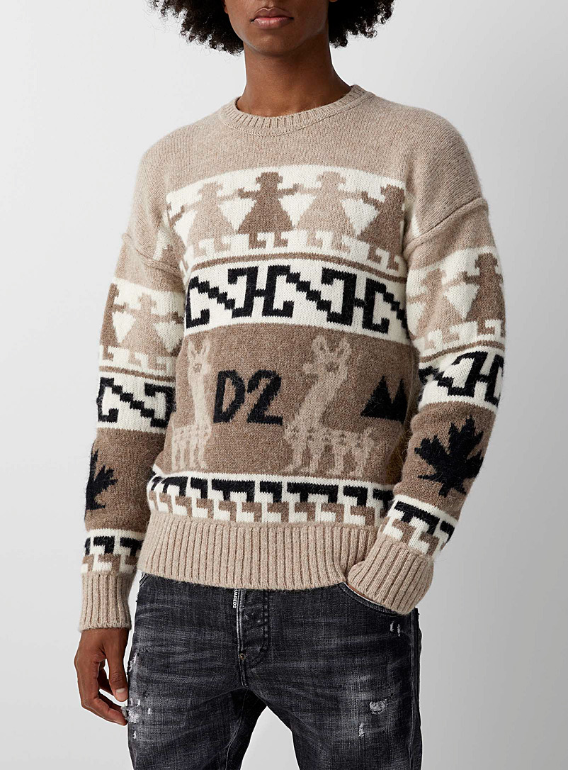 Dsquared2 Cream Beige Jacquard llama sweater for men