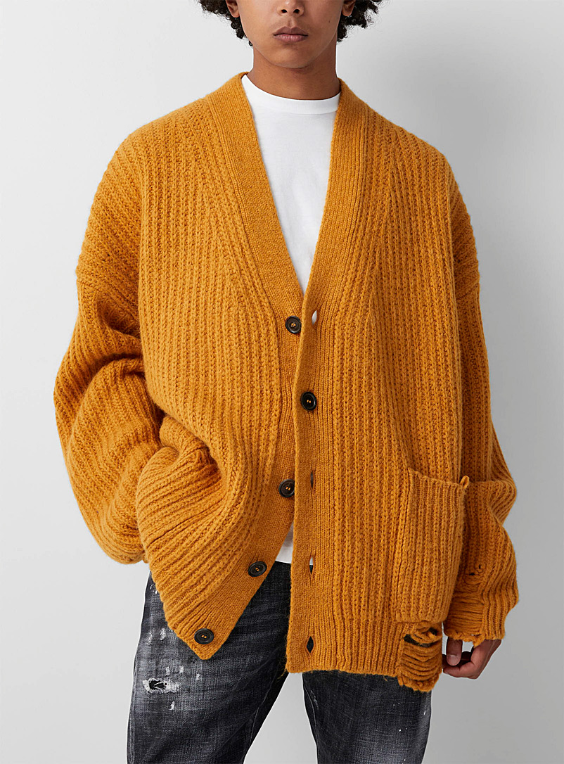 Dsquared2 Golden Yellow Oversized distressed knit cardigan for men