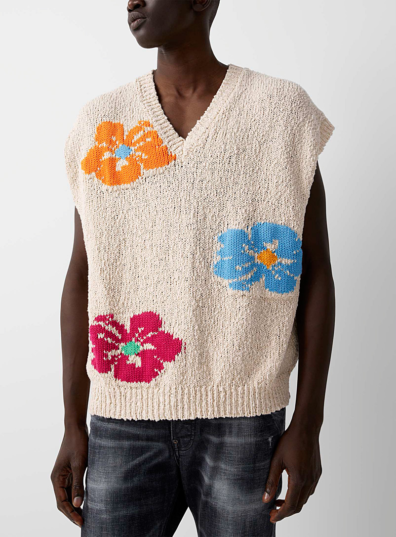 Dsquared2 Cream Beige Embossed flowers sweater vest for men