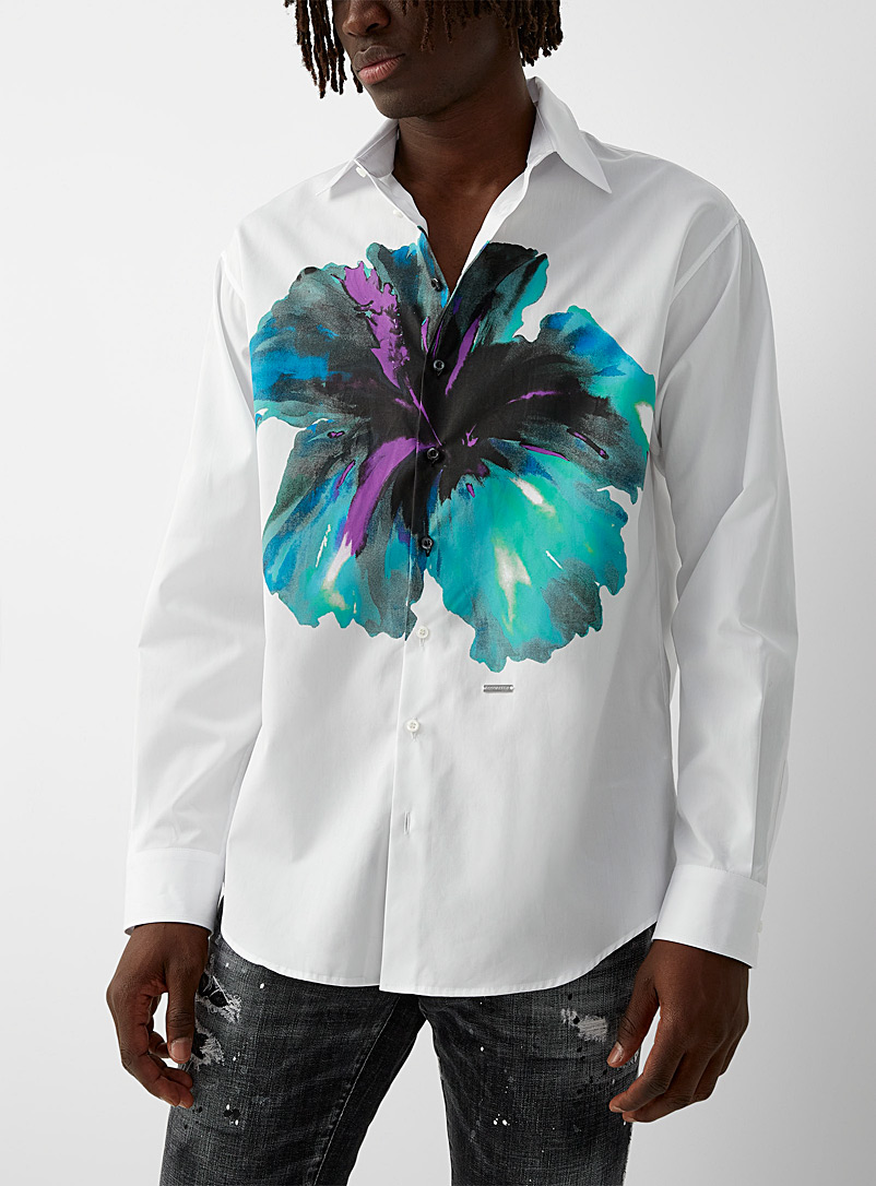 Dsquared2 White Artistic flower shirt for men