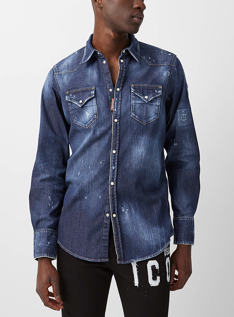 Dsquared2 Blue Icon Spray worn-out effect denim shirt for men