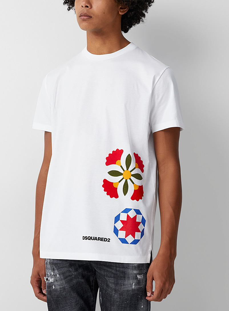 Dsquared2: Le t-shirt fleurs velours floqué Blanc pour homme
