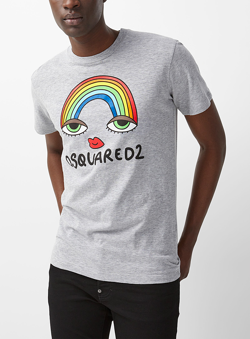 Dsquared2: Le t-shirt chiné imprimé Rainbow Cool Gris pour homme