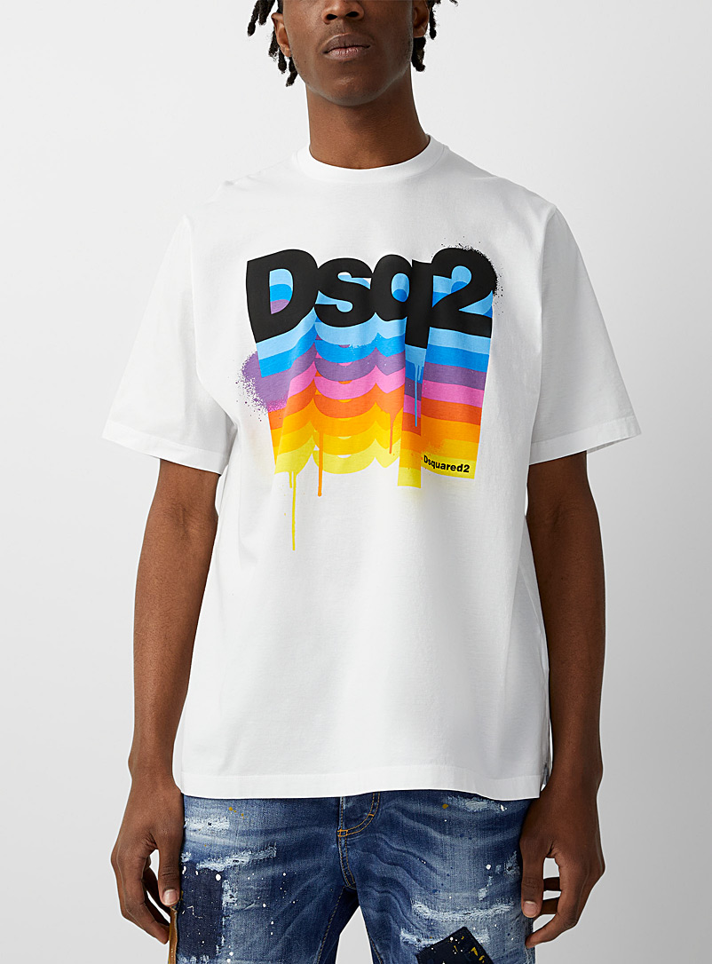 Dsquared2: Le t-shirt signature bandes couleurs Blanc pour homme