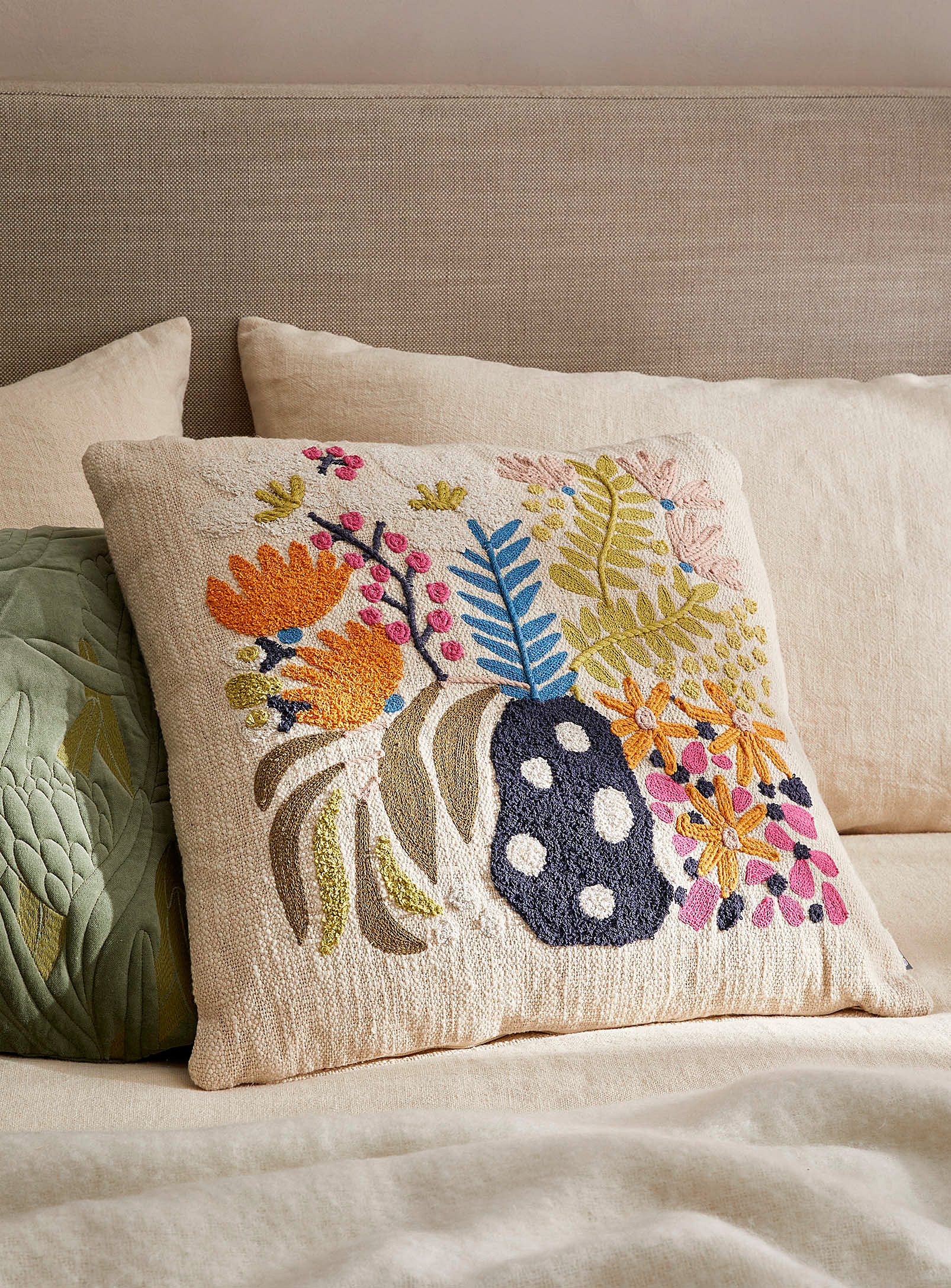 Kas Australia Colourful Bouquet Embroidered Cushion 50 X 50 Cm In Blue