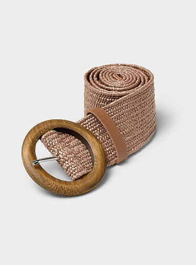 Wooden buckle braided faux-straw wide belt