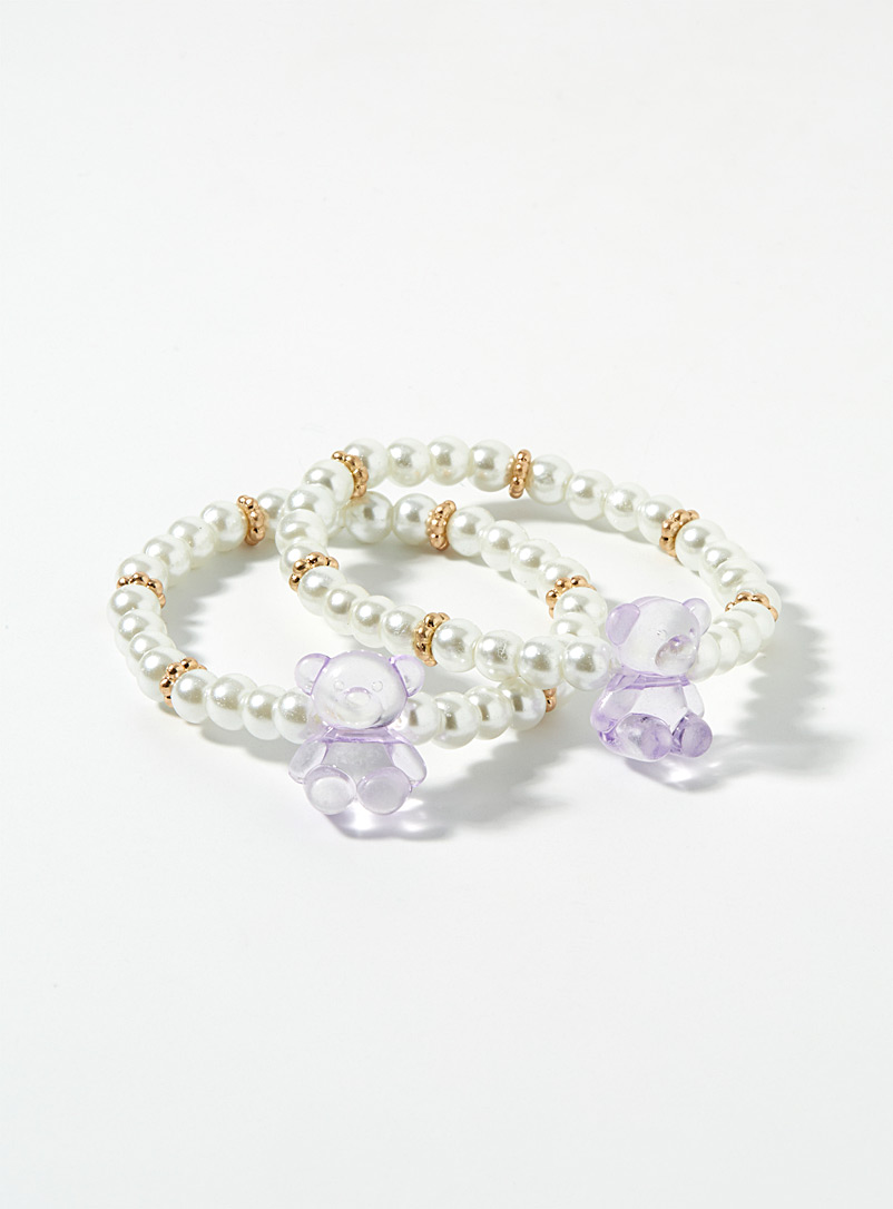Simons White Lilac teddy bear bead bracelet Set of 2 for women
