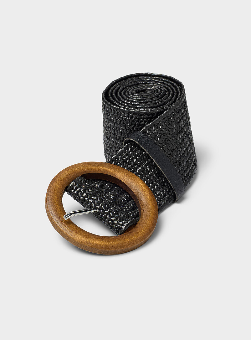 Wooden buckle braided faux-straw wide belt product image (primary)