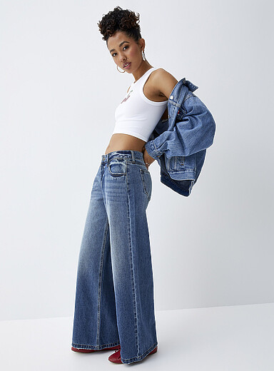 Jean Large Femme Taille Haute - Denim élastique, Coupe Droite, Pour Yoga, Jogging, Quotidien - 8