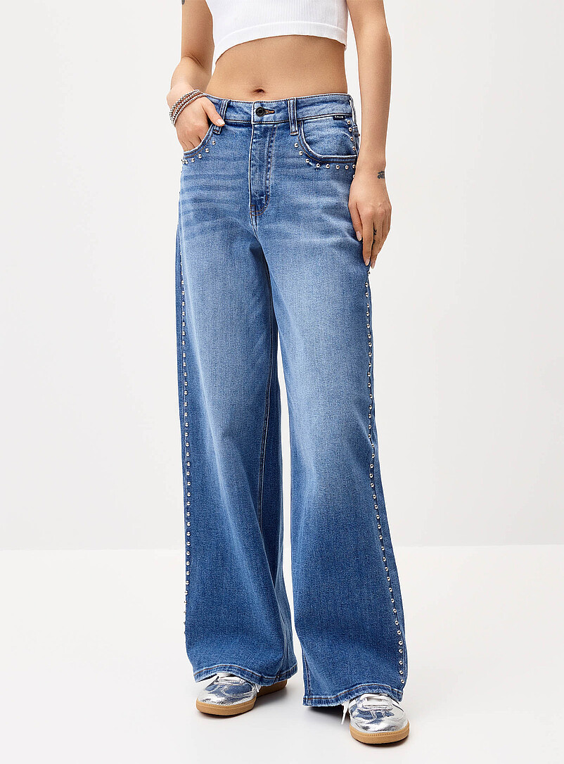 Twik Medium Wash High-rise wide-leg studded jean for women