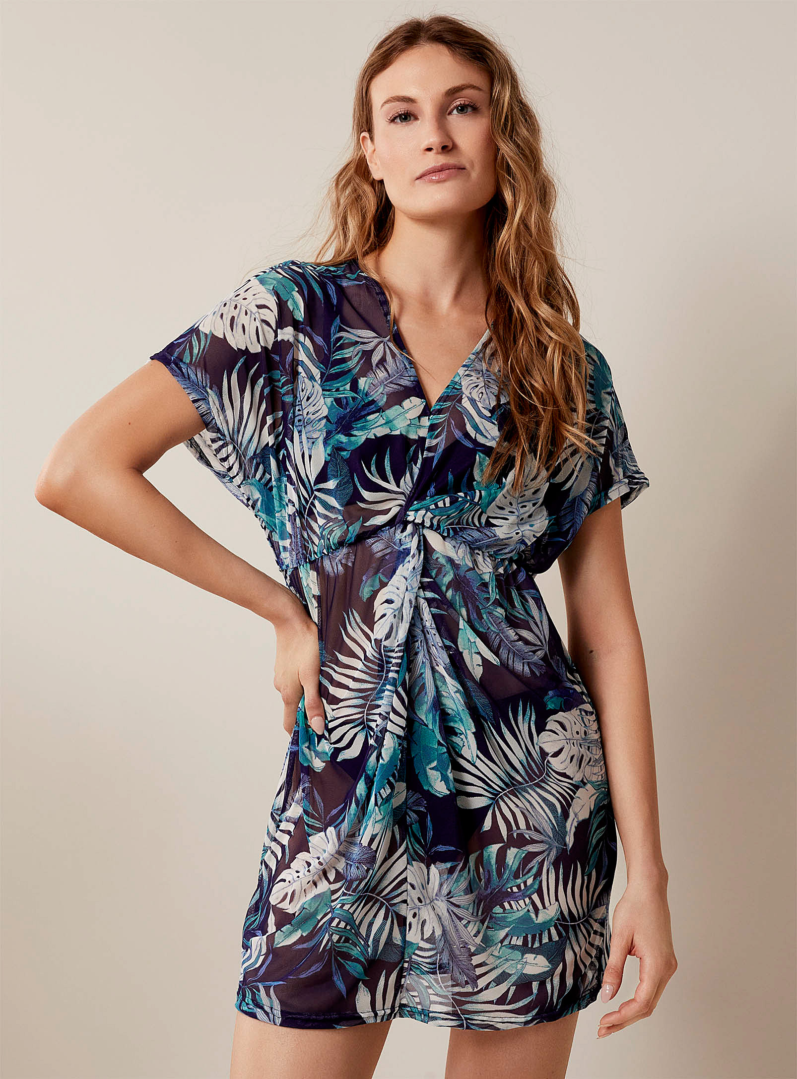 Cover Me Tropical Print Mesh Tunic In Patterned Blue