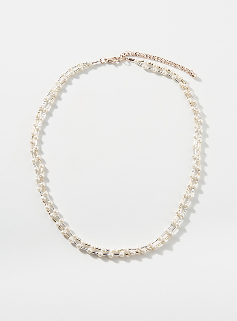 Simons: Le collier deux rangs tiges et perles Blanc pour femme