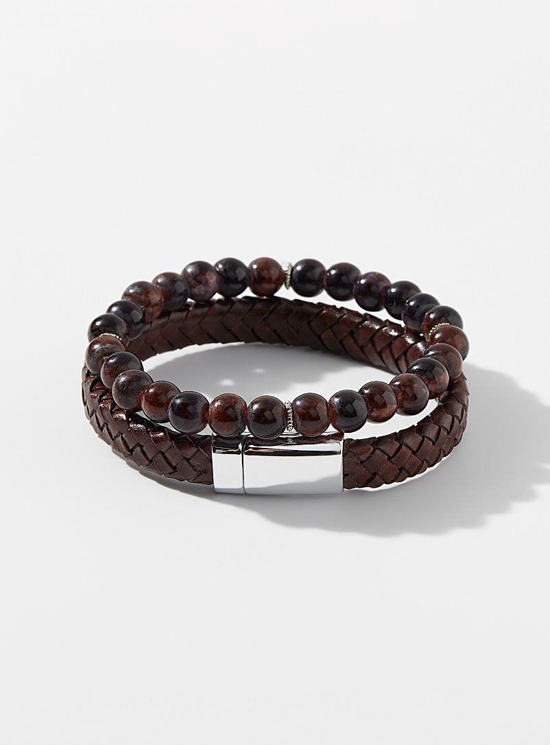 Le 31 Brown Bead and braided leather bracelet duo for men