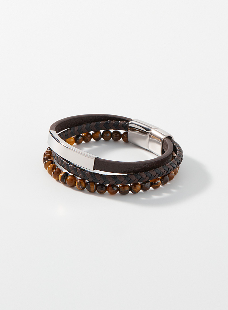 Le 31 Brown Three-row stone and leather bracelet for men