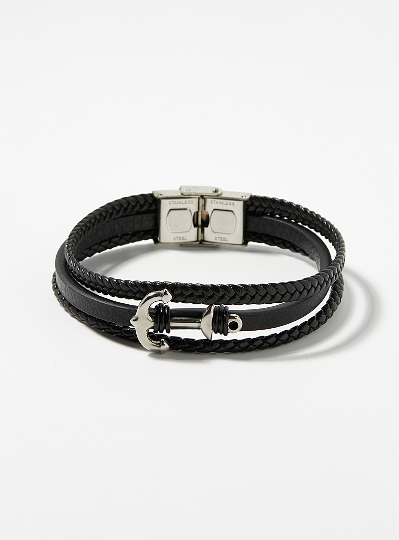 Le 31 Black Metallic anchor leather bracelet for men