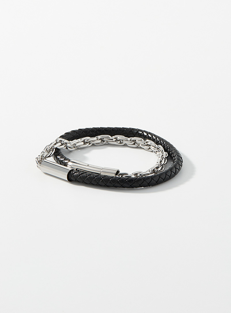 Le 31 Black Leather and chain double-row bracelet for men