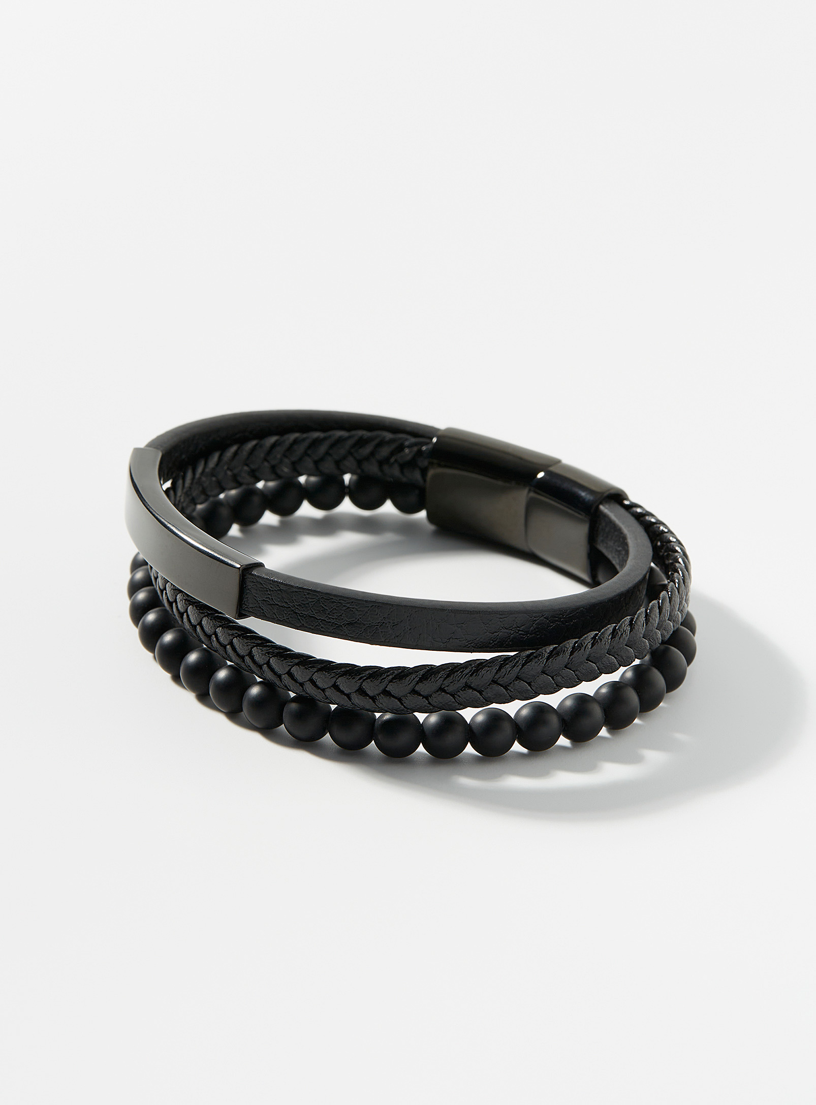 Le 31 Three-row Stone And Leather Bracelet In Black