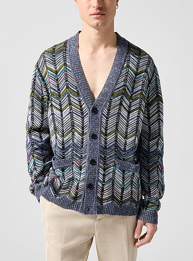 Missoni Patterned Grey Colourful chevrons cardigan with pockets for men