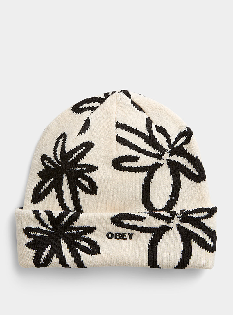 Obey Patterned White Drawn flower tuque for women