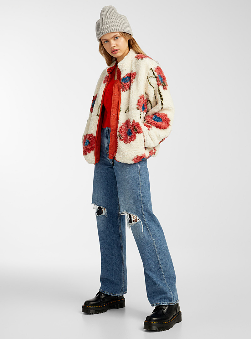 Obey Patterned White Floral shearling reversible jacket for women