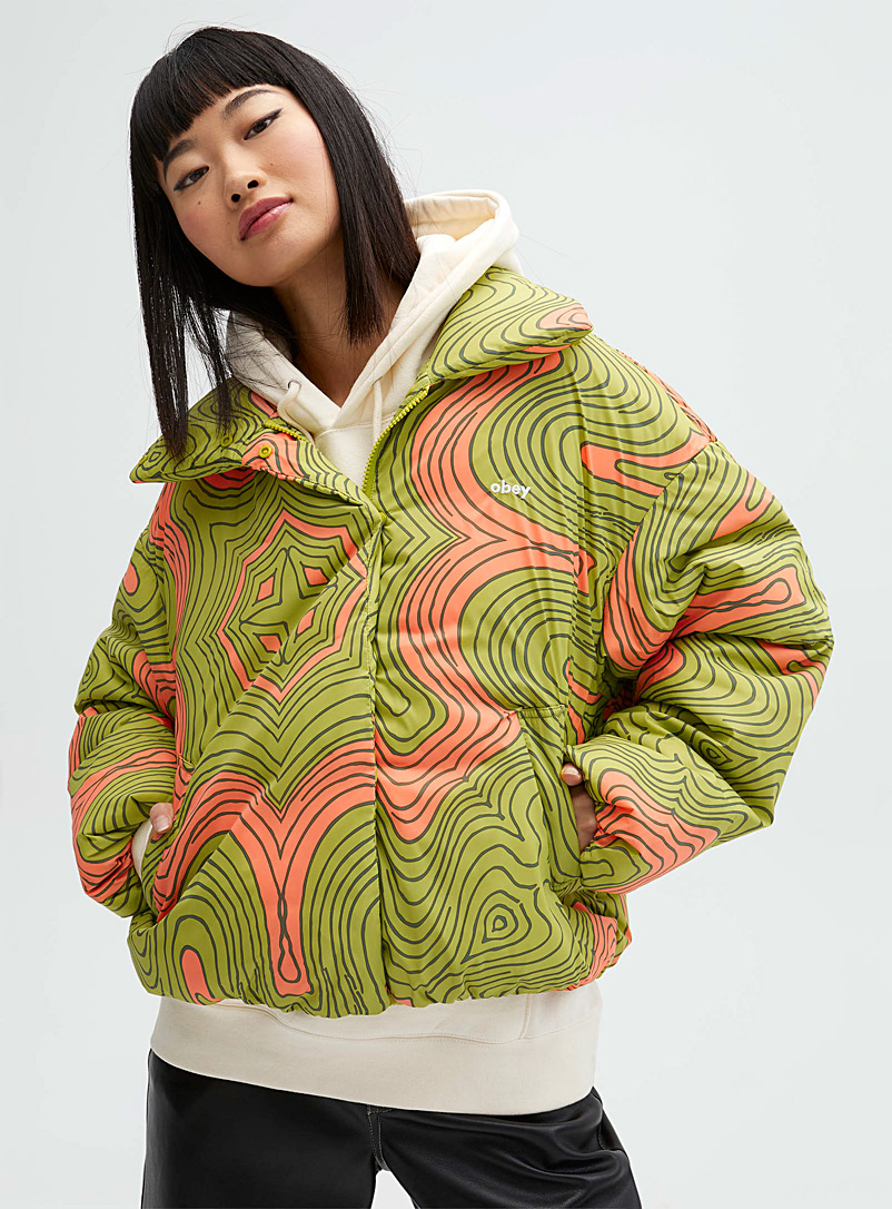 Obey Patterned Green Topographical pattern puffer jacket for women