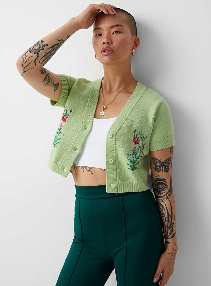 Obey: Le cardigan court coquelicots Vert à motifs pour femme