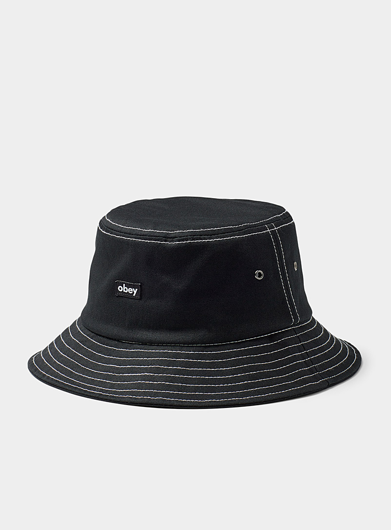 Obey Black Small-logo topstitched bucket hat for men
