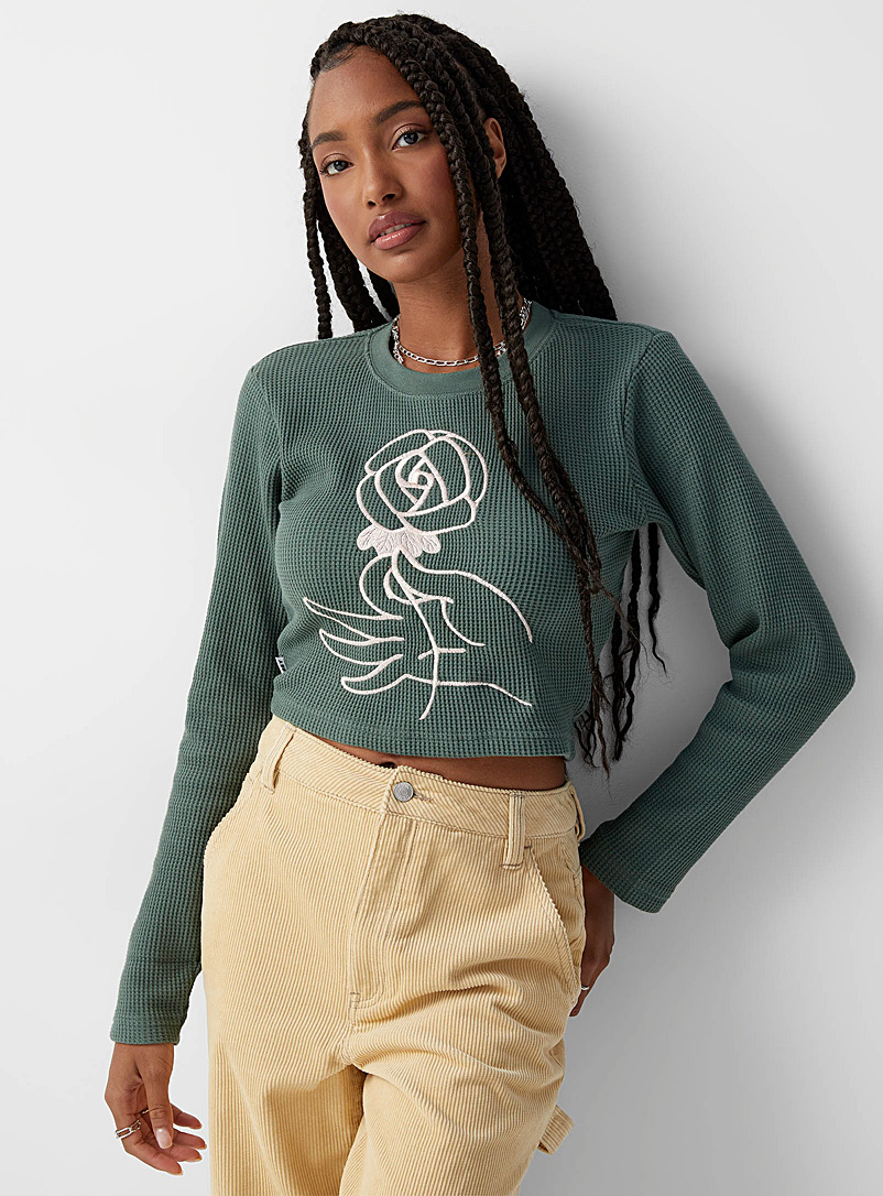 Obey Mossy Green Embroidered rose waffled T-shirt for women