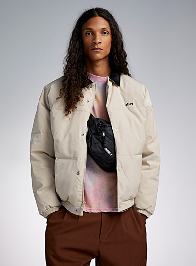 Obey Ecru/Linen Corduroy-collar puffer jacket for men