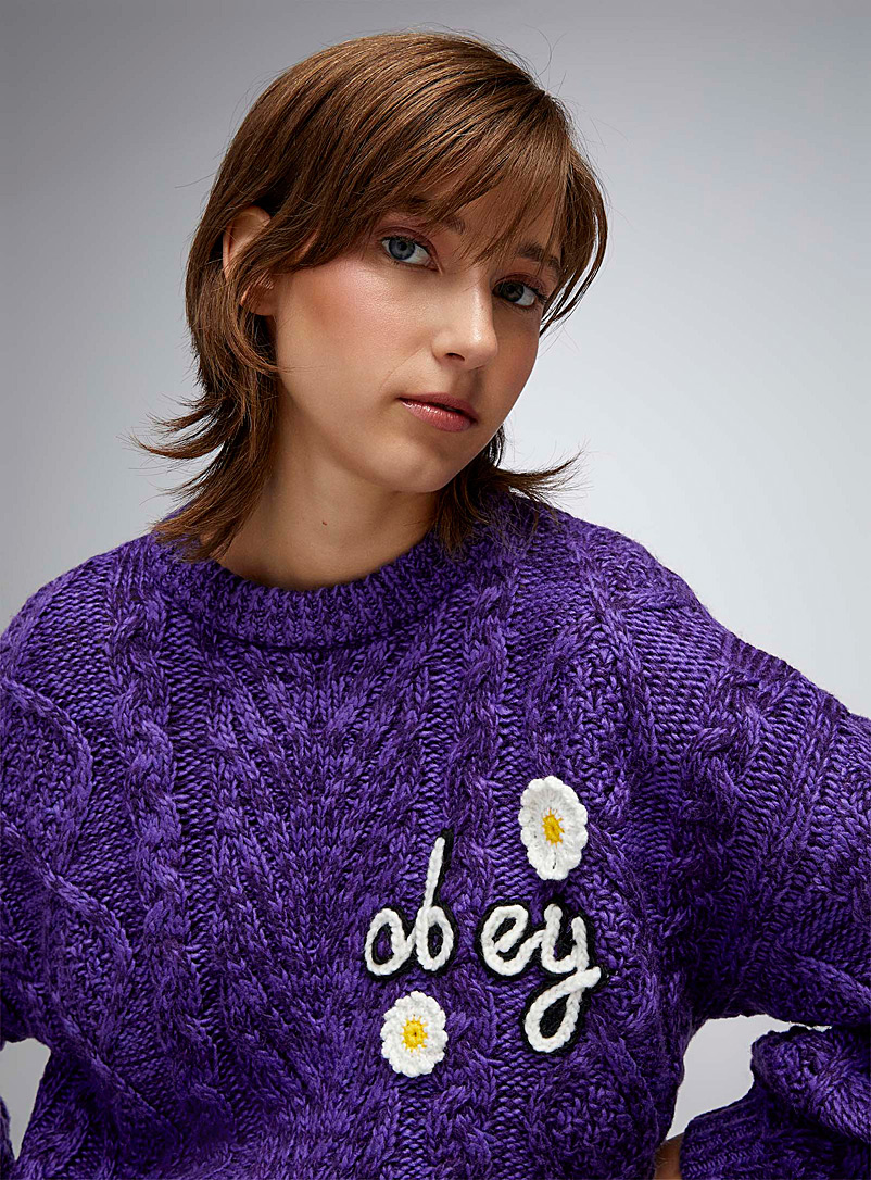 Obey Dark Crimson Crocheted flowers purple sweater for women