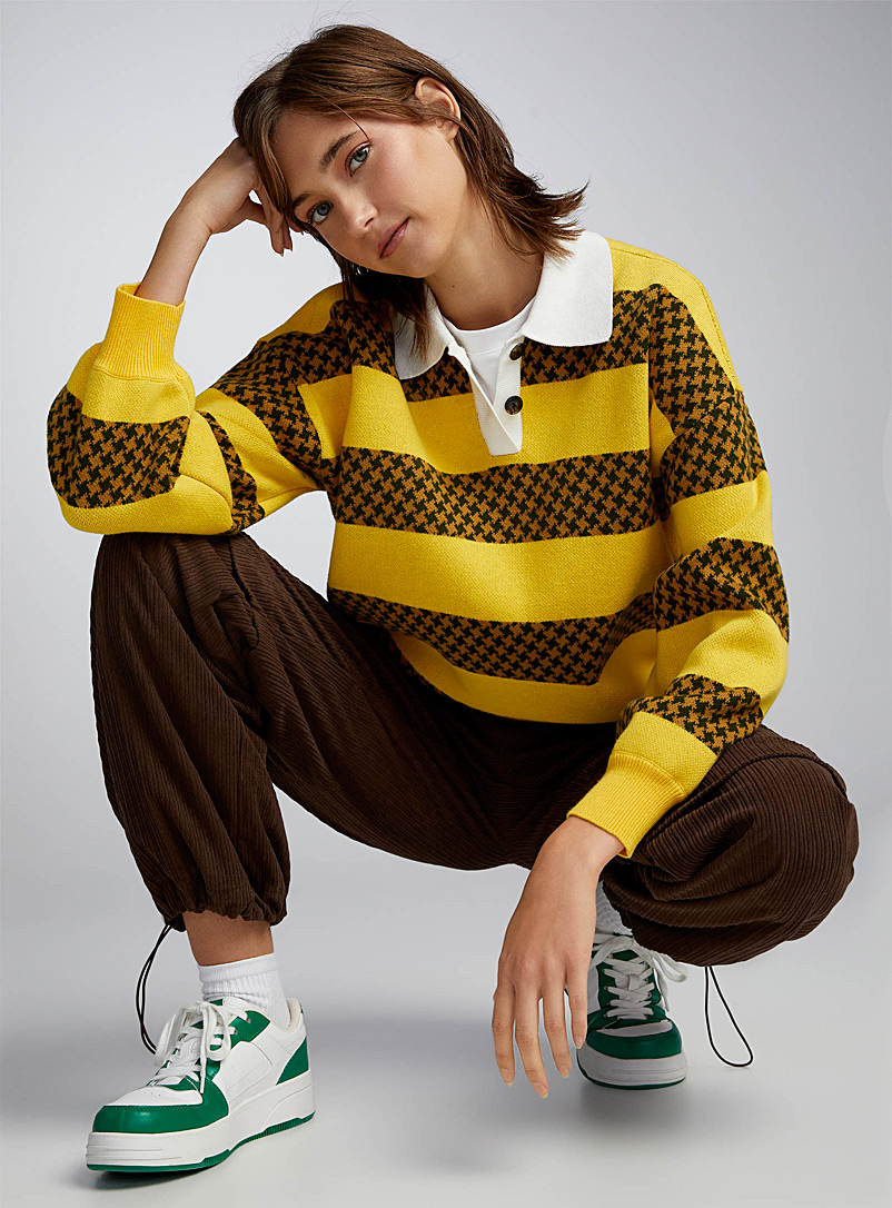 Obey Golden Yellow Houndstooth and stripe polo-collar sweater for women