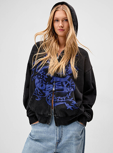 Obey Black Draco graffiti print zip-up hoodie for women