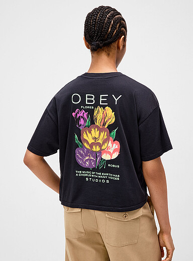 Obey: Le t-shirt carr&eacute; imprim&eacute; tulipes Noir pour femme