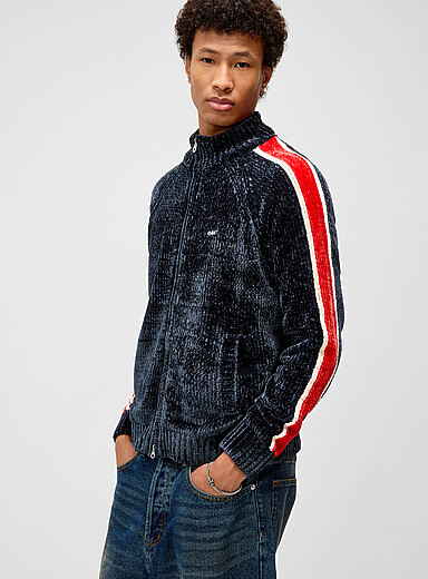 Obey Navy/Midnight Blue Contrast stripe chenille knit zipped sweater for men