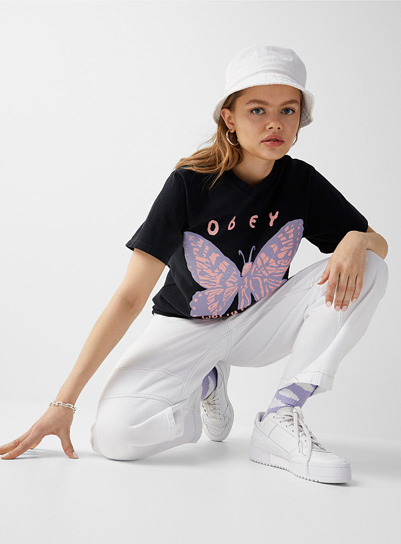 Obey Black Lilac butterfly T-shirt for women