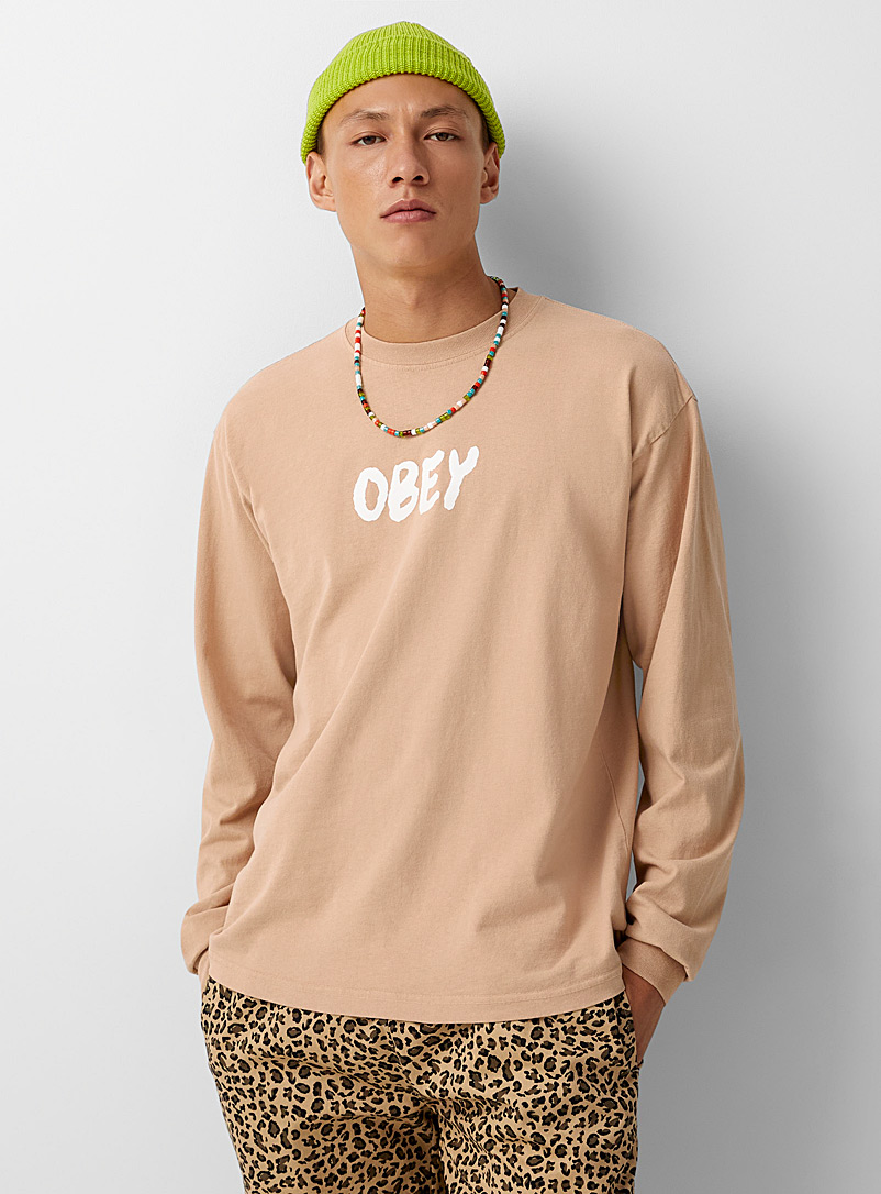 Obey Cream Beige Brushed-logo T-shirt for men