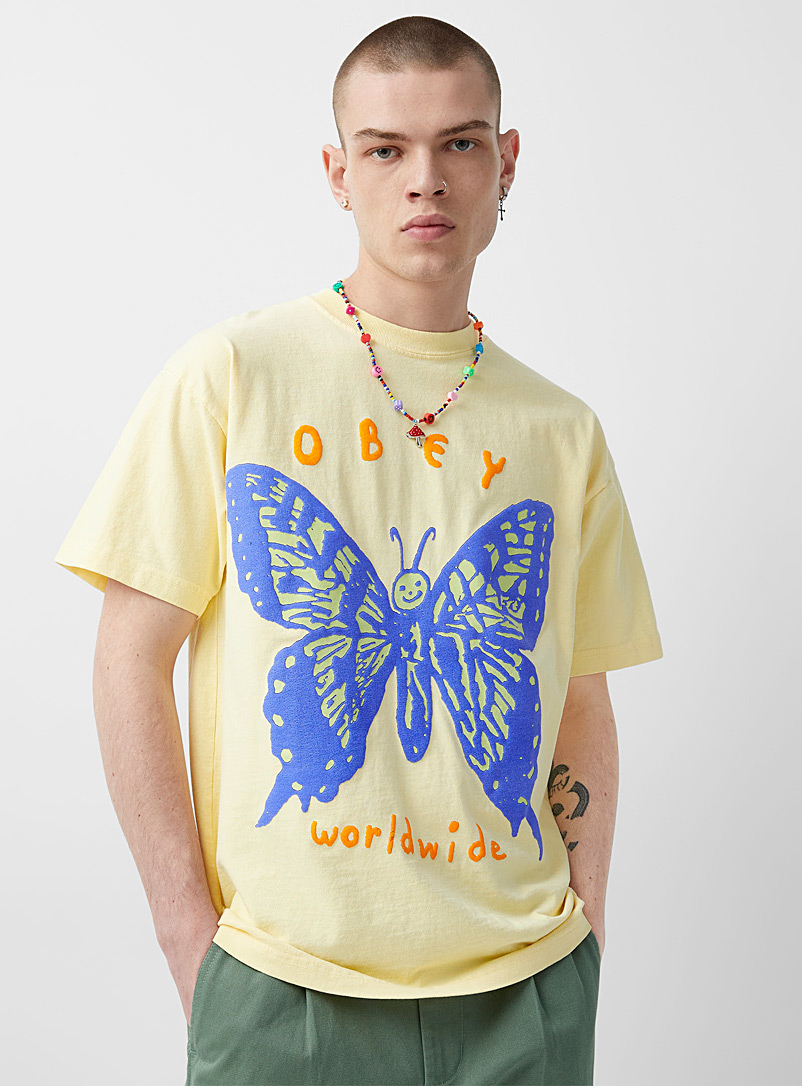 Obey Light Yellow Blue butterfly T-shirt for men