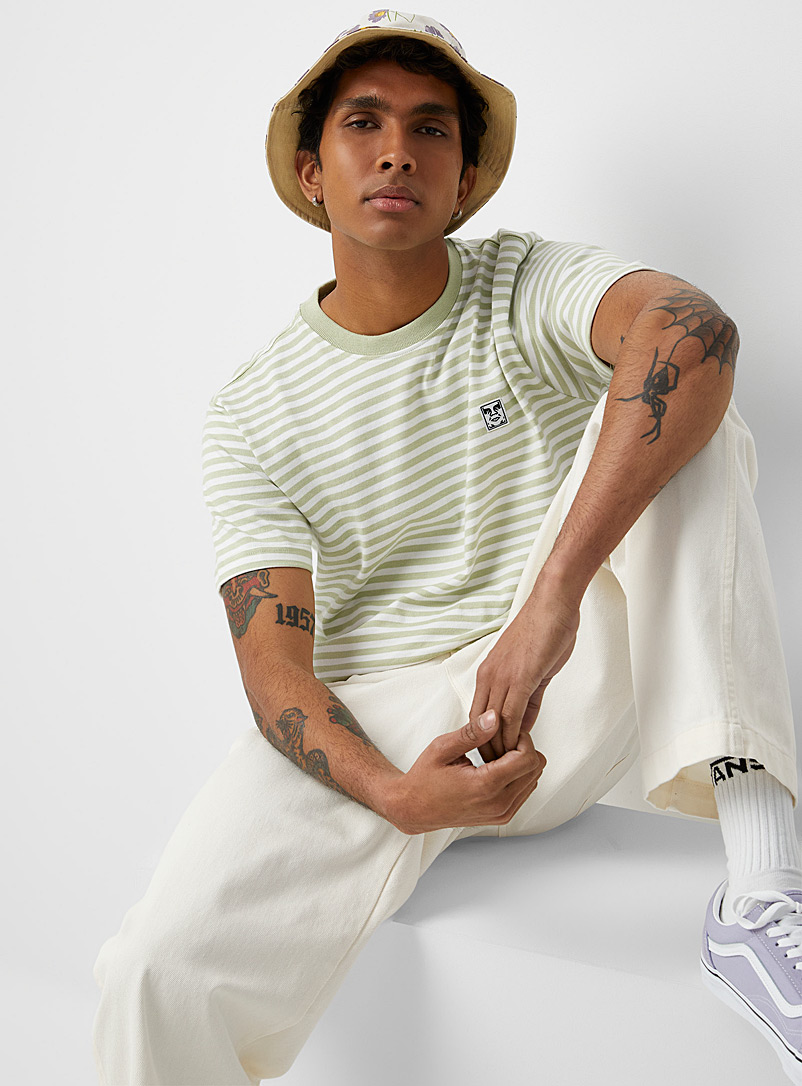 Obey: Le t-shirt rayé Legacy logo Vert pâle-lime pour homme