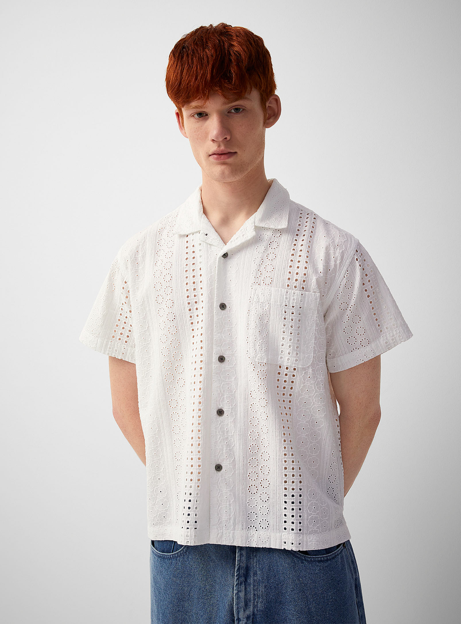 Obey Sunday Broderie Anglaise Camp Shirt In White