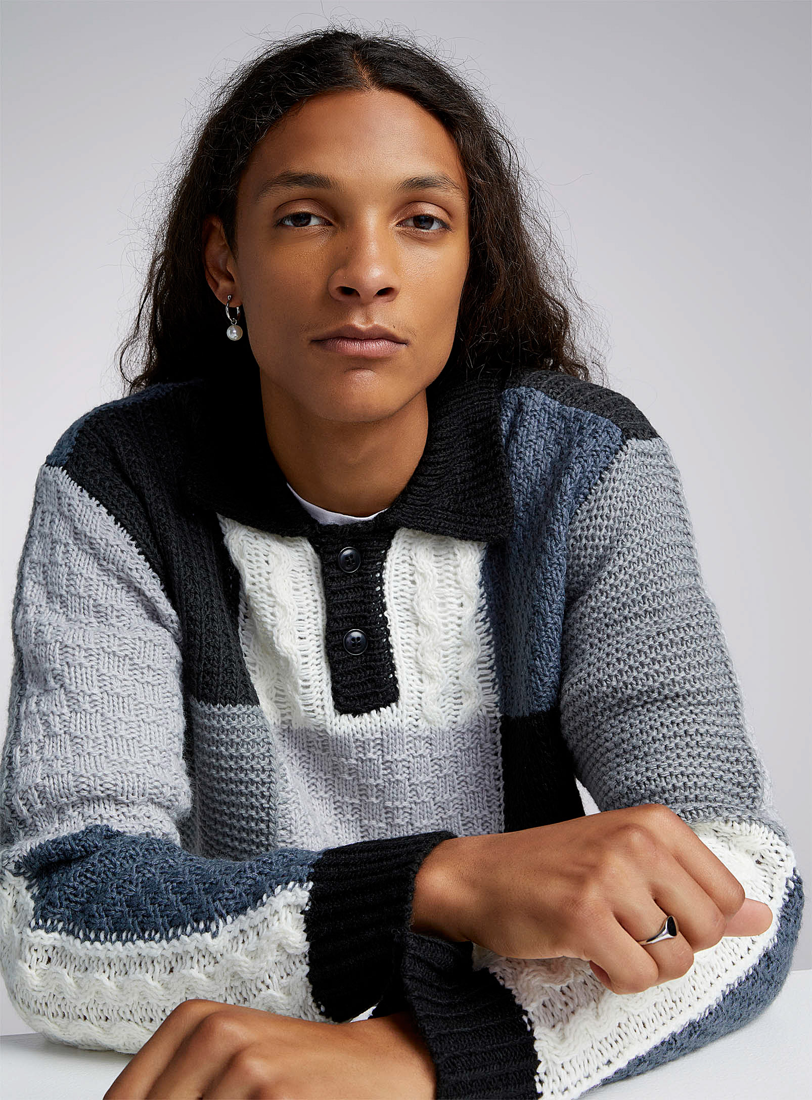 Obey Oliver Patchwork Sweater In Patterned Black | ModeSens Obey Oliver Patchwork Sweater In Patterned Black | ModeSens