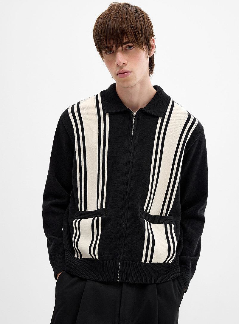 Vertical-Stripe Zip-Up Polo-Collar Cardigan