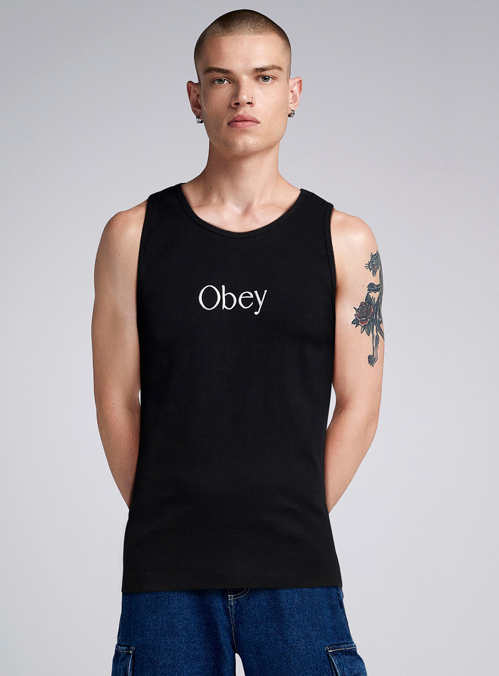 Shop Obey Logo Ribbed Tank In Black